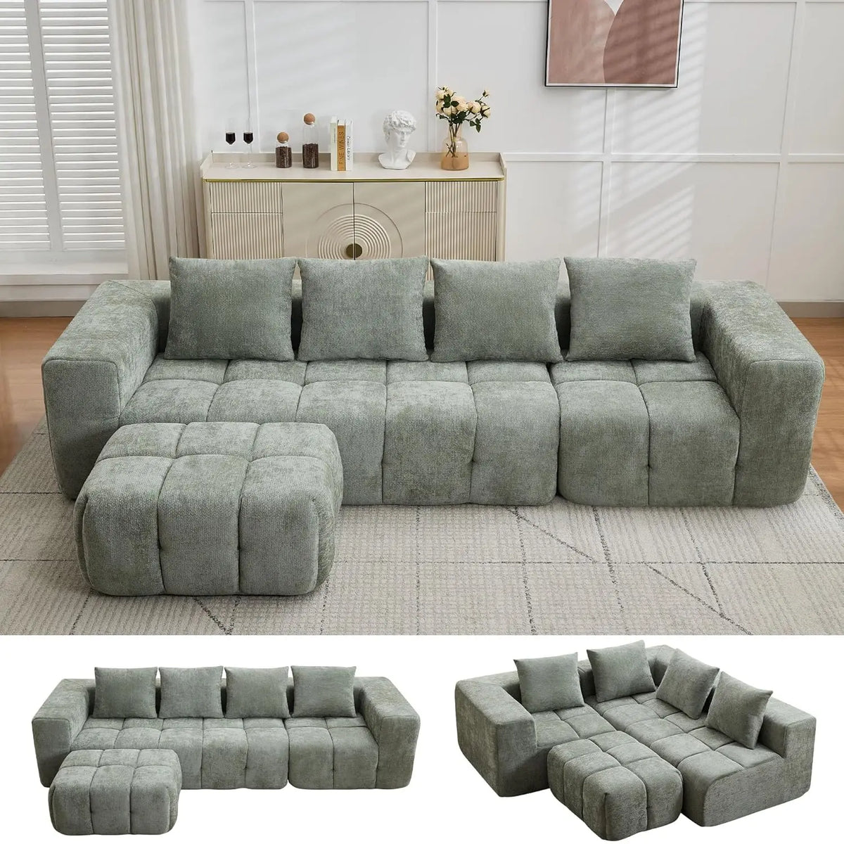 U-Shaped Sectional Sofa, Convertible Modular Couch with Double Chaise, 4-Seater Living Room Furniture, Black