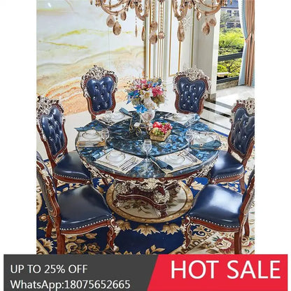 HLZ European Style Dining Table New Luxury High-End Solid Wood Home Marble French Retro Table and Chair Set Villa