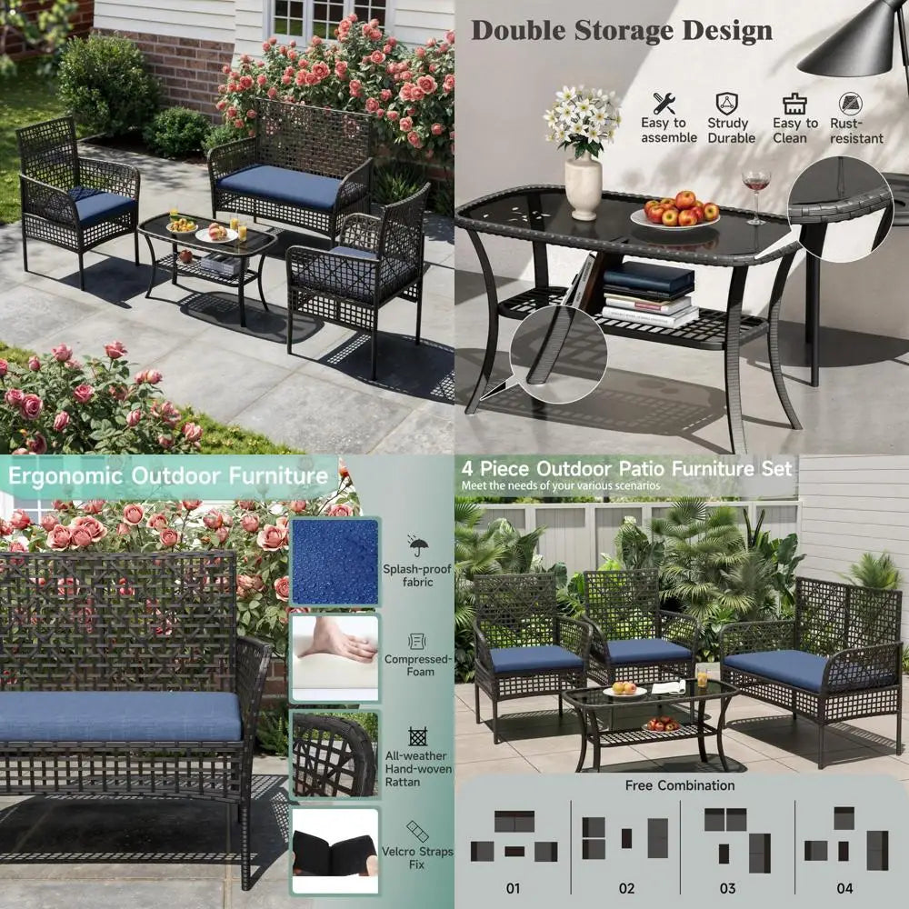 4-Piece Outdoor Wicker Rattan Furniture Set with Chairs, Coffee Table, and Cushions for Modern Patio Conversation