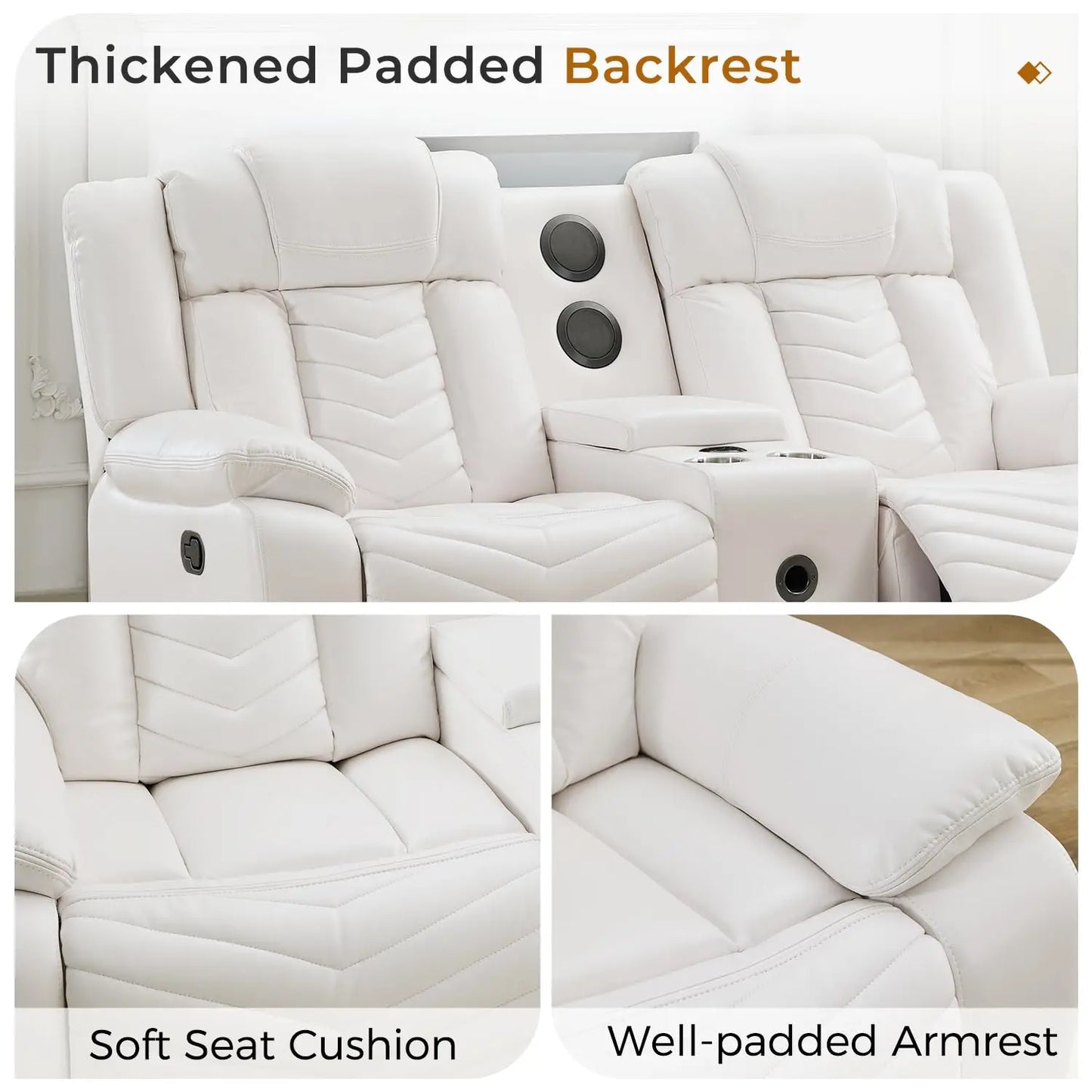 TODRANI Manual Recliner Loveseat with Bass Speaker, Faux Leather Reclining Love Seat with LED Lights, USB Charger, Cup Holder