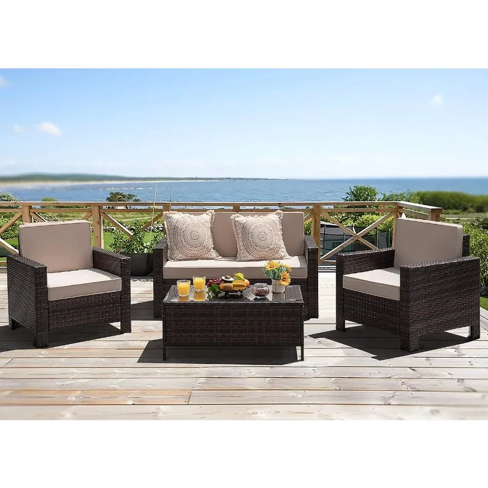 # l 4-piece courtyard furniture set, rattan chair and willow dialogue sofa set, suitable for outdoor, indoor, garden and balcony