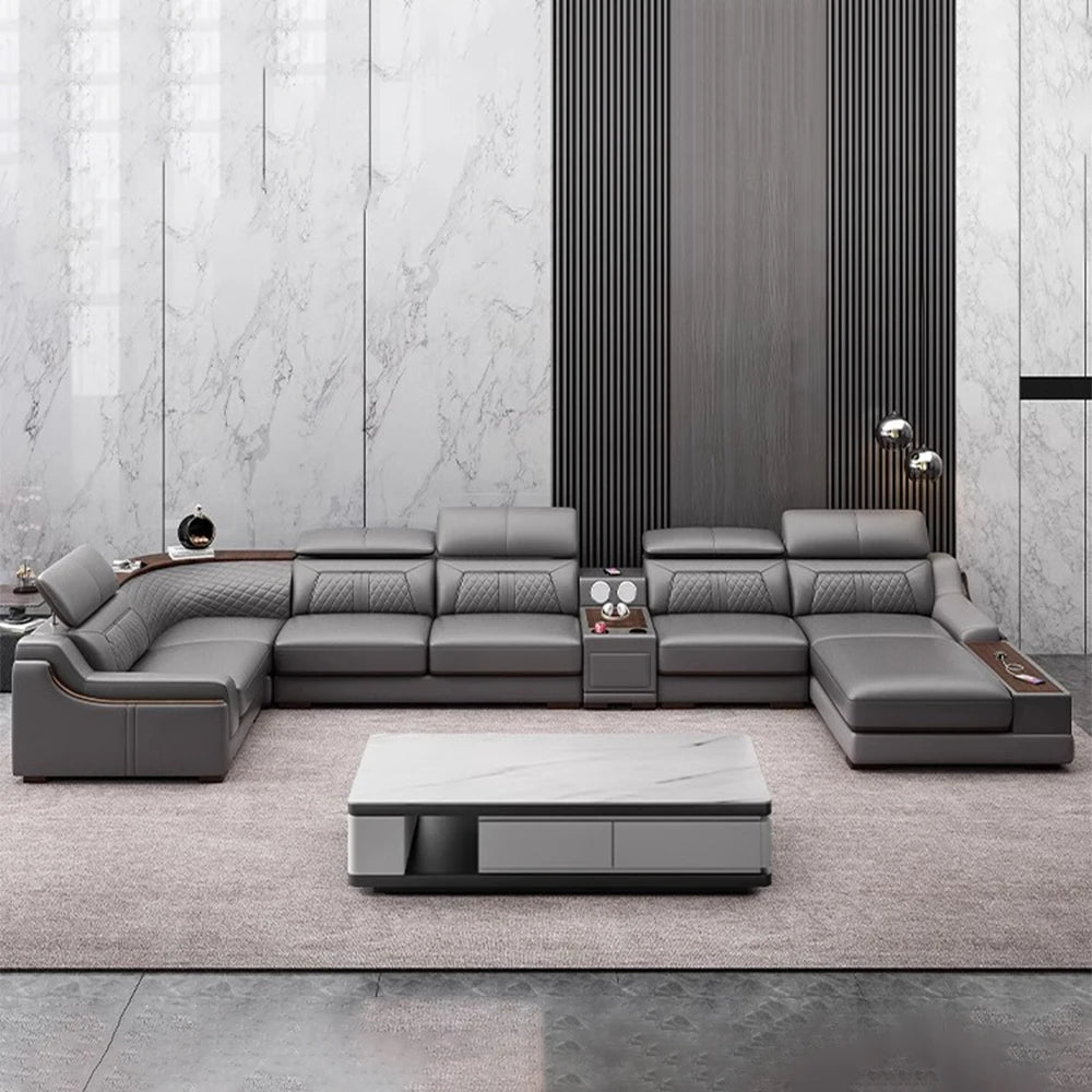 Modern U-Shaped Sectional Sofa Set with Chaise Lounge, Genuine Leather Couch with Storage Table, USB – Big Living Room Furniture