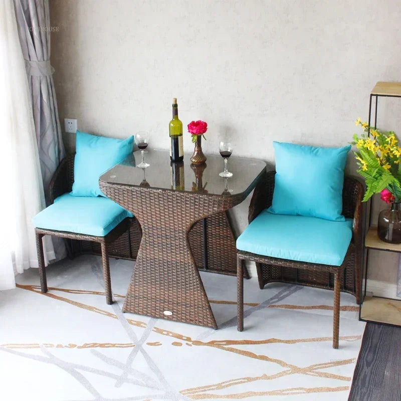 Balcony Rattan Garden Furniture Set 3-piece Patio Leisure Table and Chairs Courtyard Terrace Outdoor Round Table and Chairs T