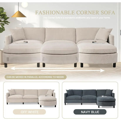 Convertible L-Shaped Sectional Couch with Movable Ottoman, Reversible Chaise, 2 Pillows, Modern Fabric Modular Sofa
