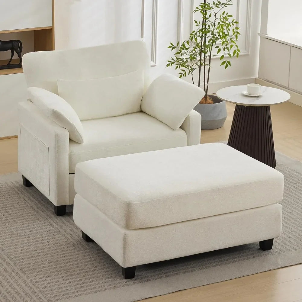 White Chenille Oversized Chaise Lounge with Ottoman 57.5 Inch Reading Chair Comfortable Sofa Bed for Indoor Furniture