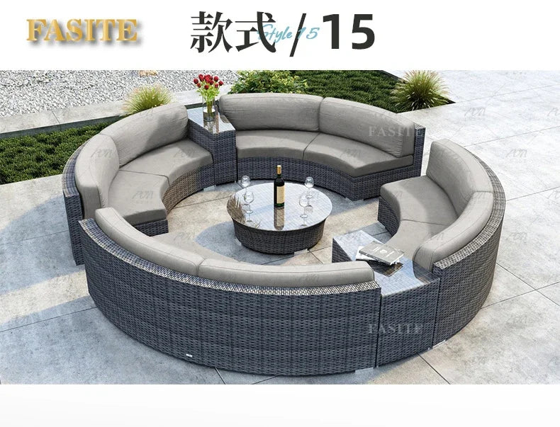 Sofa, courtyard, garden, leisure, outdoor living room, semi circular curved rattan chair, terrace, outdoor furniture combination