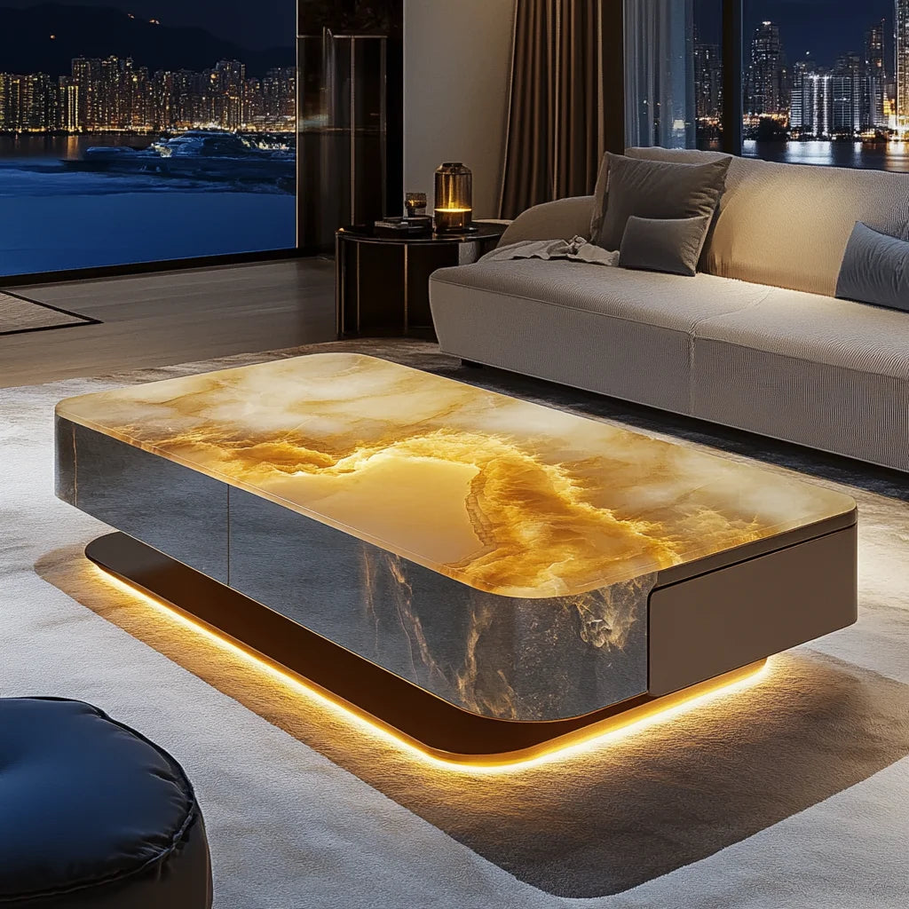 Square luminous jade luxury stone coffee table living room custom modern light luxury style large flat floor home