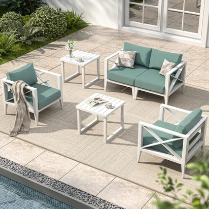 MBY 6-Piece Oversized Aluminum Patio Furniture Set–White Outdoor Conversation Sofa Set with Coffee Table, Deep Seating