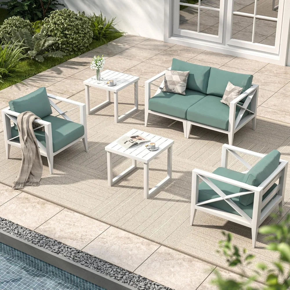 MBY 6-Piece Oversized Aluminum Patio Furniture Set–White Outdoor Conversation Sofa Set with Coffee Table, Deep Seating