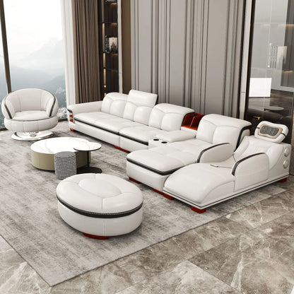 Luxury L-Shaped Genuine Leather Sectional Sofa Sets with USB, Bluetooth Speaker - MINGDIBAO Living Room Italian Leather Couches