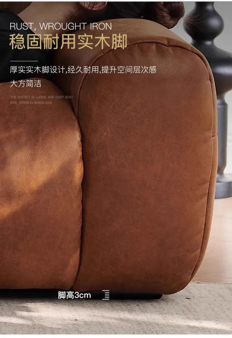 Retro oil wax leather sofa, small apartment living room straight row sofa, large sitting depth movable backrest medium ancient