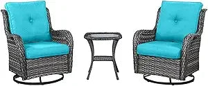 Chair Outdoor, Patio Bistro Furniture Conversation Set, Cushioned Wicker Chair with Glass Coffee