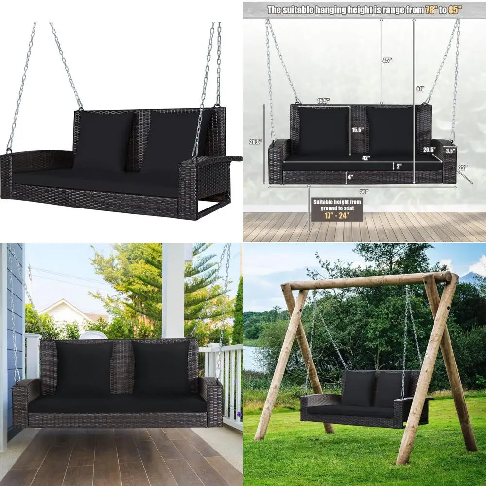 Outdoor Wicker Swing Bench for Two with Cushions, Durable Patio Hanging Rattan Seat, Comfortable Backyard Swing Chair