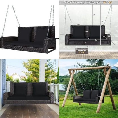 Outdoor Wicker Swing Bench for Two with Cushions, Durable Patio Hanging Rattan Seat, Comfortable Backyard Swing Chair