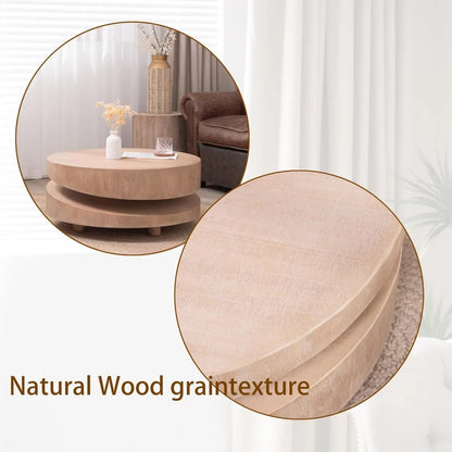 Modern Round Wood Coffee Table – 31.3" Asymmetrical Two-Tier Accent Table, Natural Finish, Low Profile Center Table for Living R
