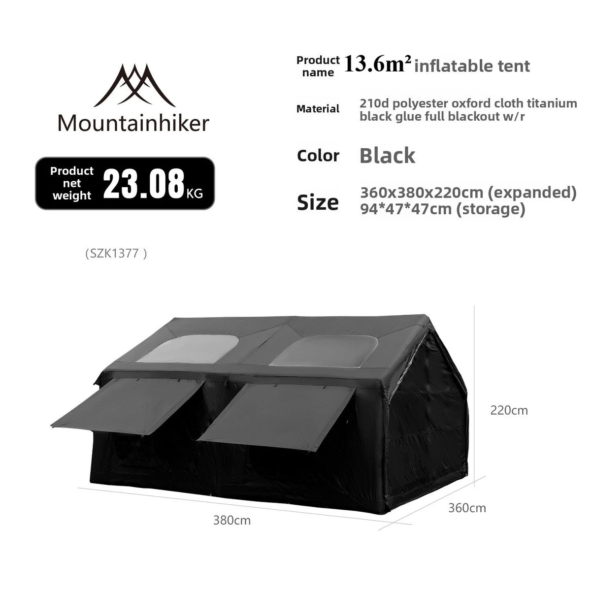 Mountainhiker 13.6㎡ Large Inflatable Tent Outdoor Camping 8-10 Person Tent Rainproof Family Awning Beach Quick Open Fishing Park