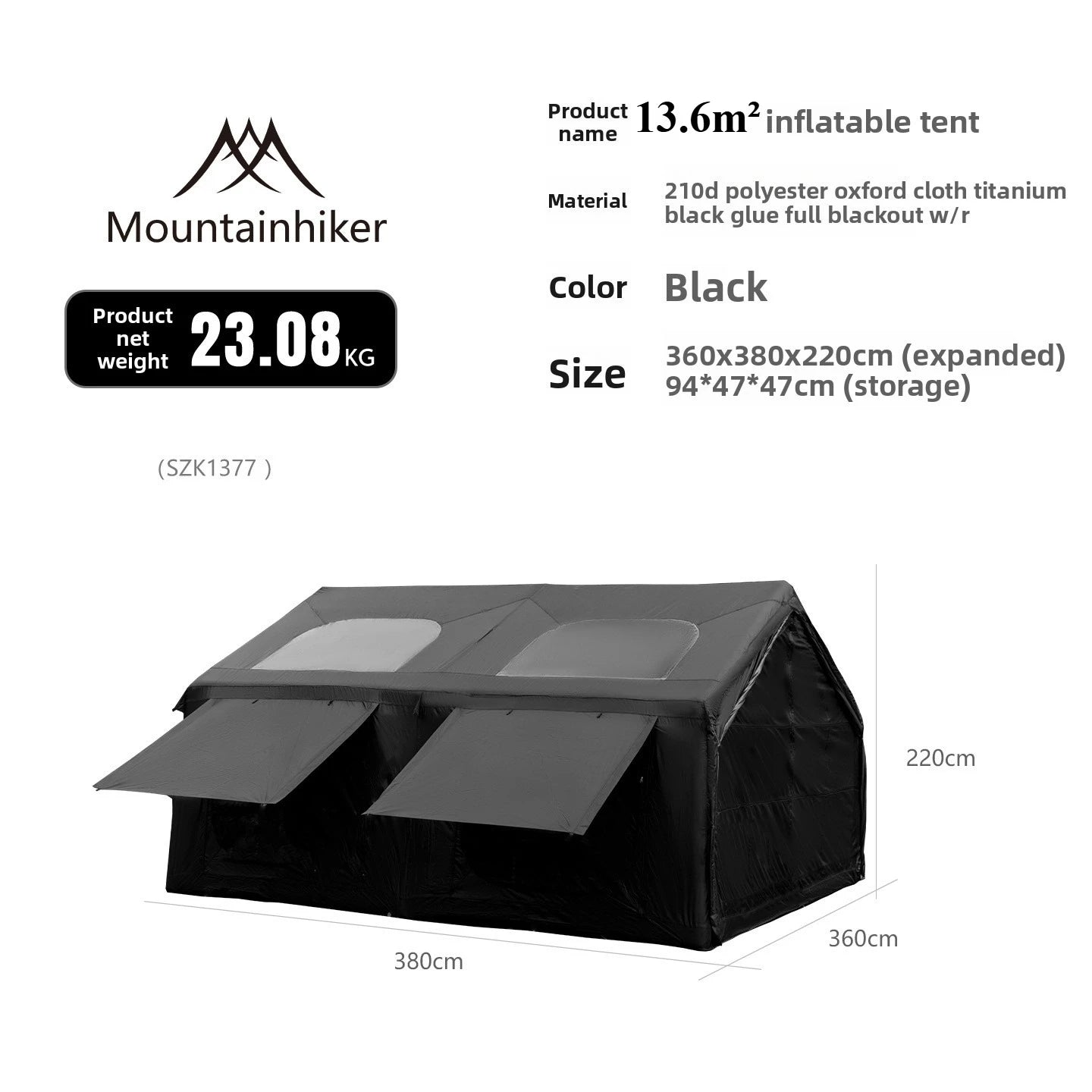 Mountainhiker 13.6㎡ Large Inflatable Tent Outdoor Camping 8-10 Person Tent Rainproof Family Awning Beach Quick Open Fishing Park