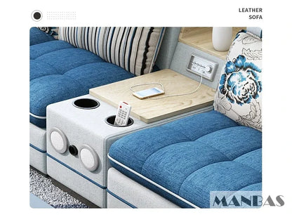 MANBAS Modern U-Shaped Fabric Sectional Sofa Set with Storage, Cup Holders, Speaker, USB, Bookshelf and Stools for Living Room