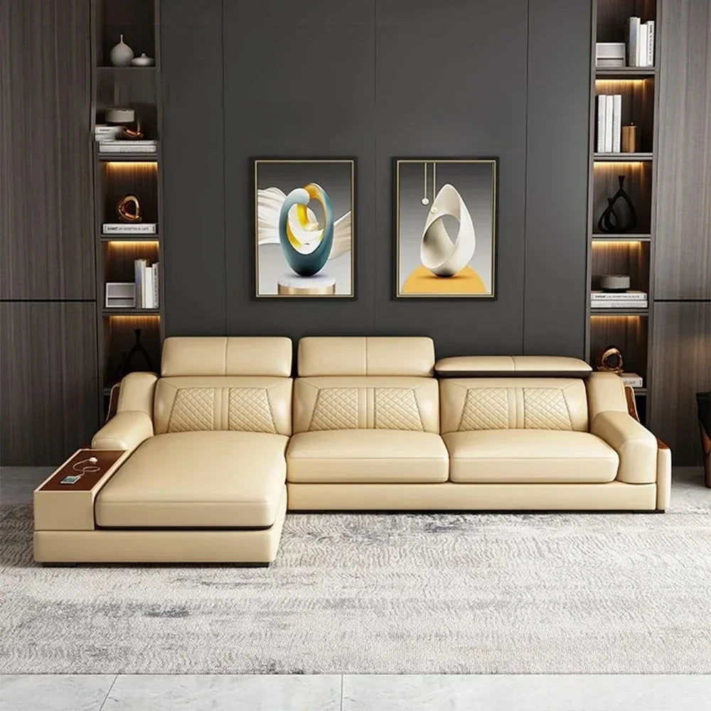 Stylish Italian Genuine Leather Sofa for Living Room with Cup Holder, USB, Adjustable Headrests & Bluetooth Speaker - Lazy Sofa