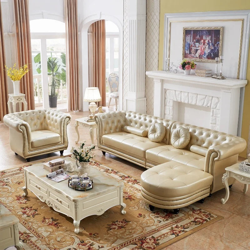 Modern Home Furniture Genuine Leather L-Shaped Sectional Corner Sofa Set Wood Legs with Sponge Filling for Living Room Villa