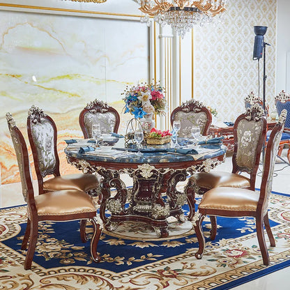HLZ European Style Dining Table New Luxury High-End Solid Wood Home Marble French Retro Table and Chair Set Villa