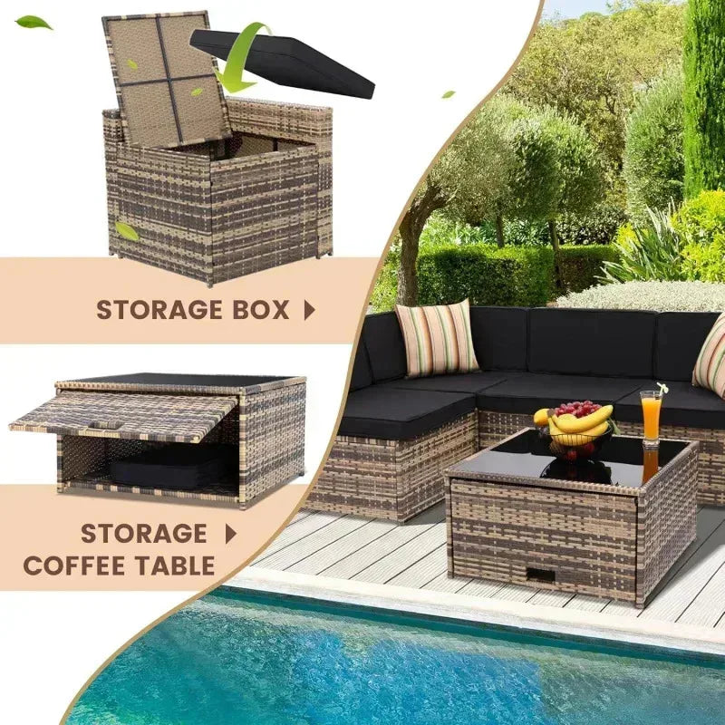 YND6-Q8 pieces outdoor Wicker rattan patio sectional furniture set.glass top table with hidden storage.7 sofa sections. oversize