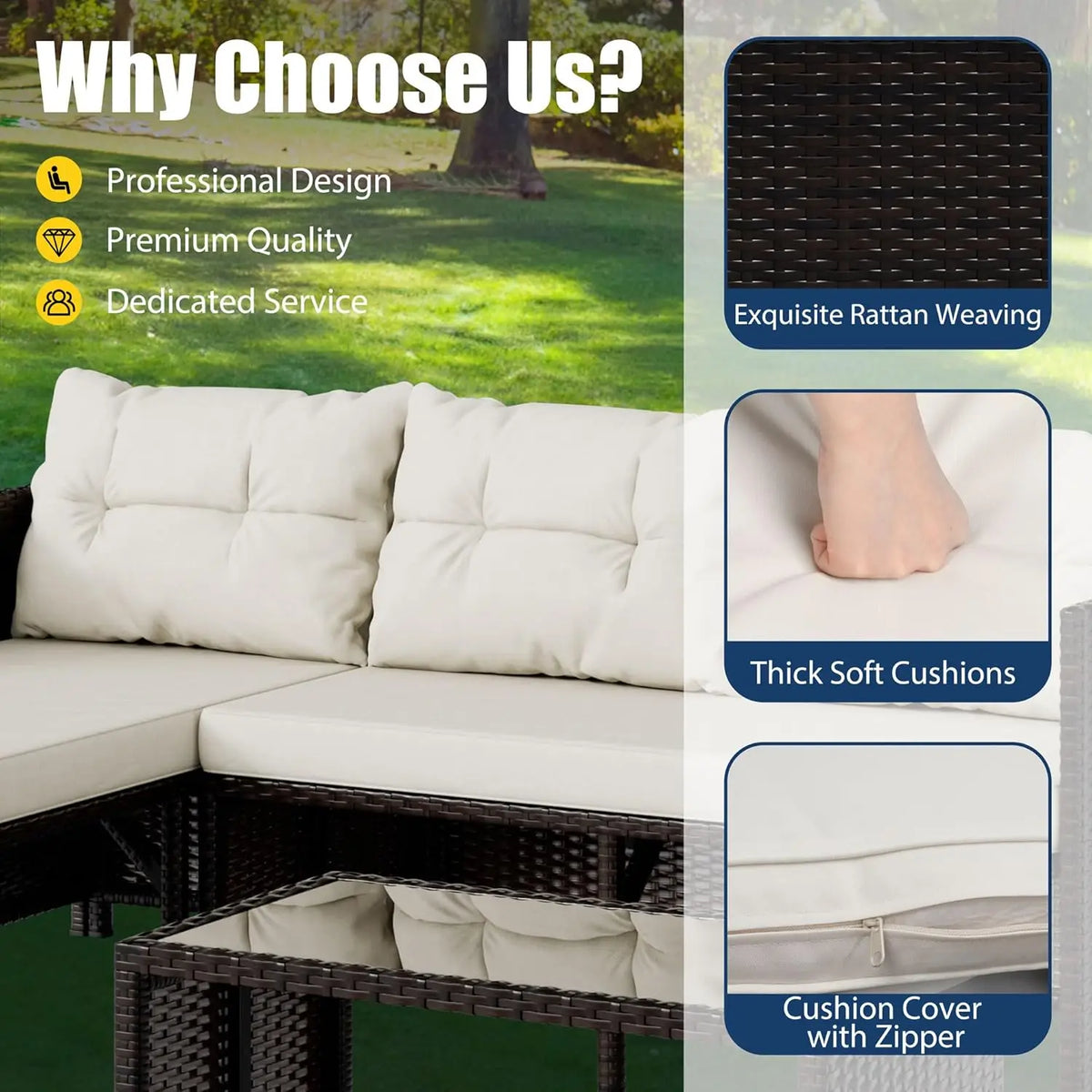 Vongrasig 3 Piece Patio Furniture Sets, All-Weather Wicker Outdoor Sofa Couch Sectional Set, Small Conversation Set for Patio, G