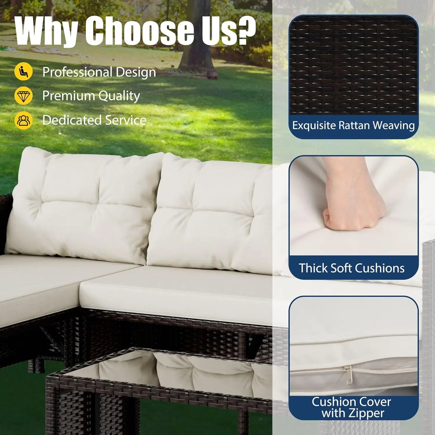 Vongrasig 3 Piece Patio Furniture Sets, All-Weather Wicker Outdoor Sofa Couch Sectional Set, Small Conversation Set for Patio, G