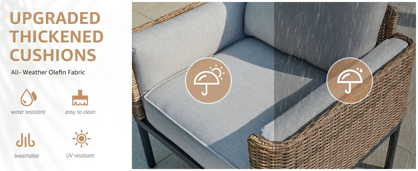 4-Piece Wicker Patio Furniture Set, All-Weather Rounded Rattan Conversation Set Sectional Sofa with 5'' Thick Cushions