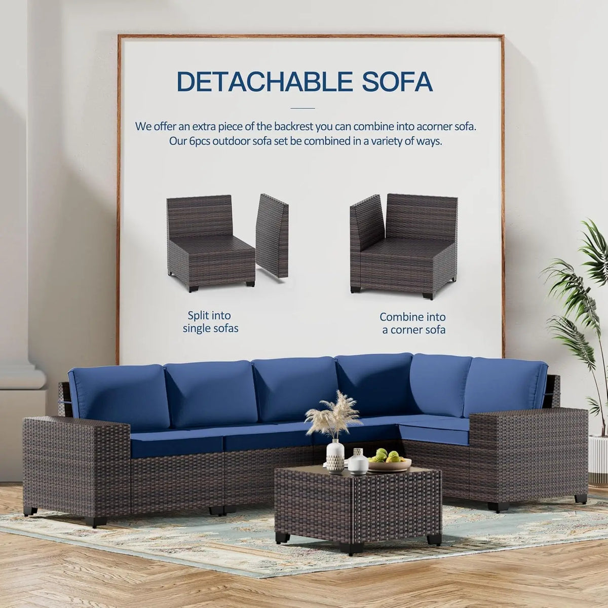6PCS Outdoor Patio Furniture Set PE Wicker Rattan Sectional Sofa Patio Conversation Sets, Customized
