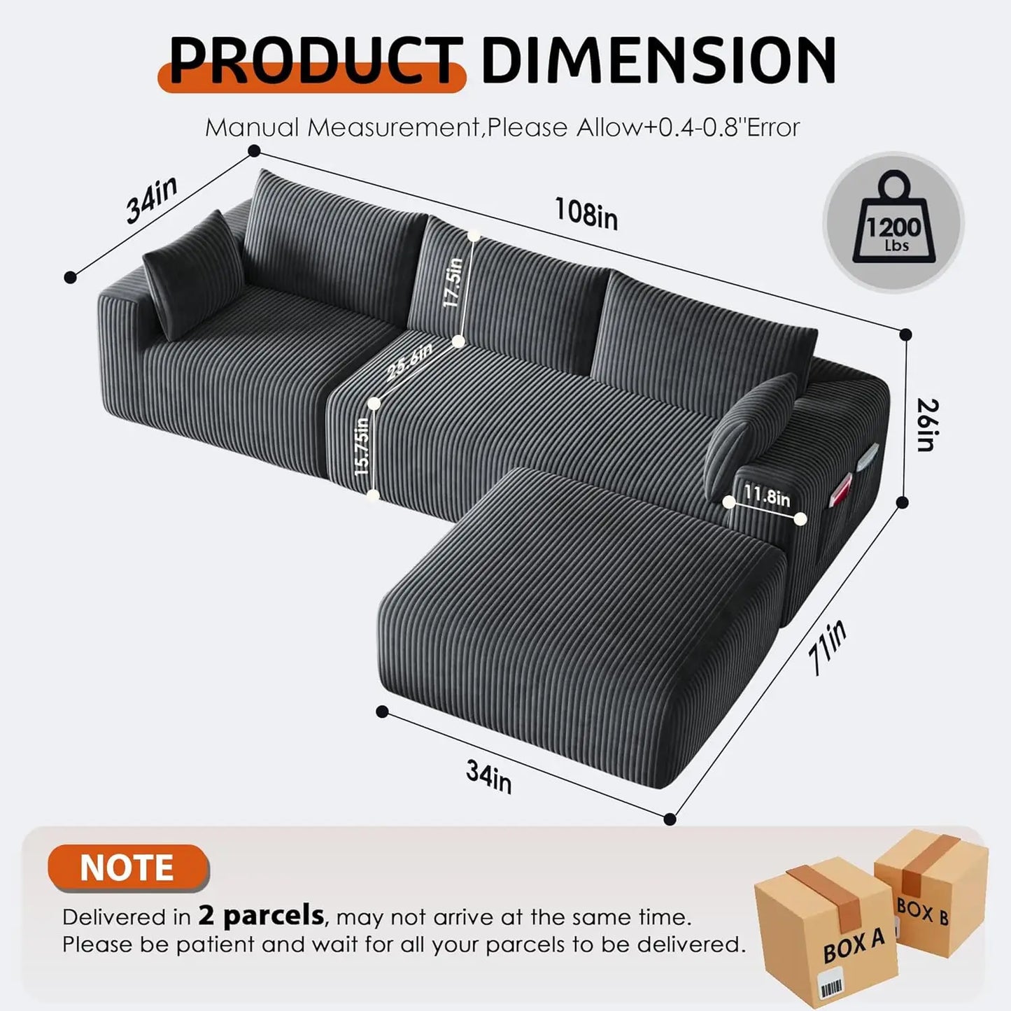 Customized 108" Cloud Modular Sofa, L Shaped Boneless Deep Seat Chaise No Assembly