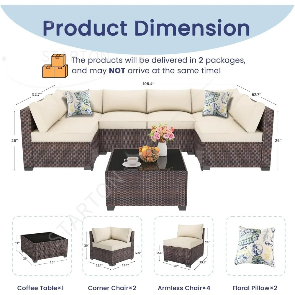 Seven Piece Patio Set, Rattan Wicker Sectional Sofa, Modern Modular Conversation Furniture
