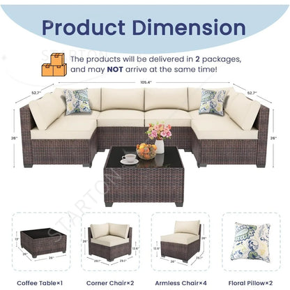 Seven Piece Patio Set, Rattan Wicker Sectional Sofa, Modern Modular Conversation Furniture