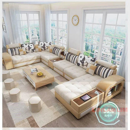Customizable U-Shaped Sectional Fabric Sofa Set - Modern LivingRoom Furniture with Storage, Built-in Side Table, USB,andCushions