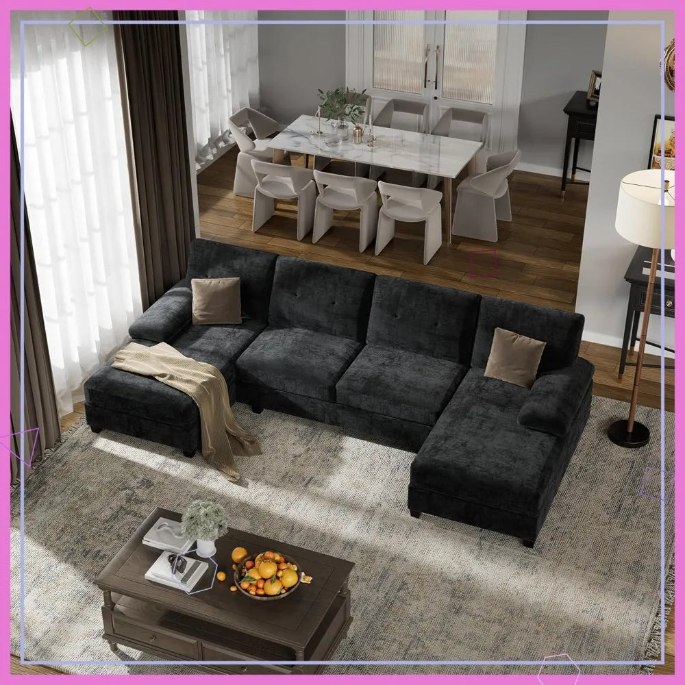 U-Shaped Sectional Sofa, Convertible Modular Couch with Double Chaise, 4-Seater Living Room Furniture, Black