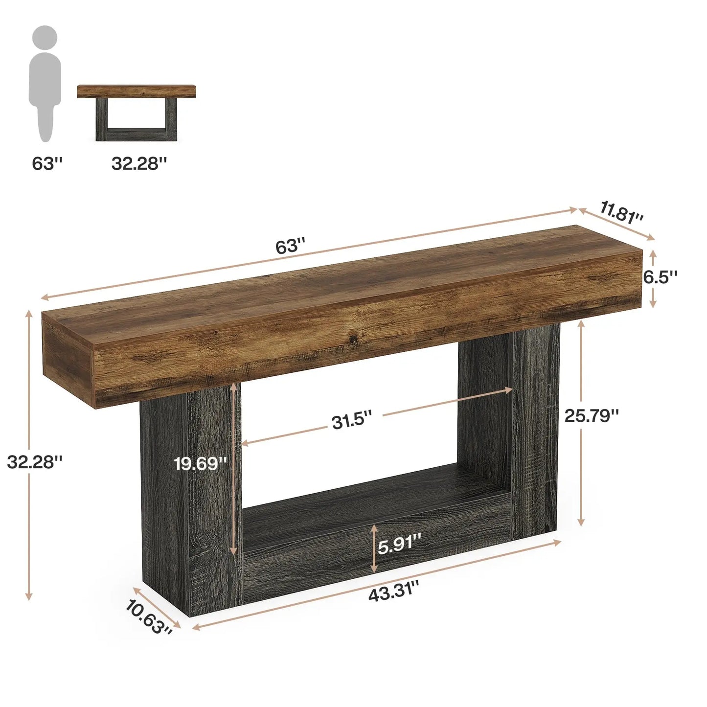 Rustic 2-Tier 63 Console Table with Storage for Entryway, Living Room, and Hallway in Brown & Gray