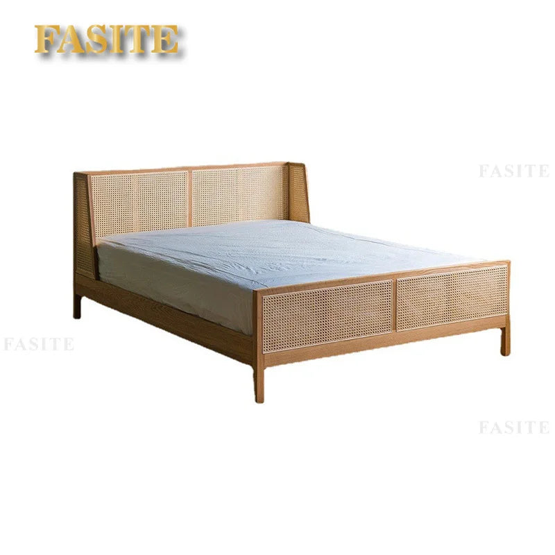 Vine Weaving Bed Japanese Solid Wood Bed Small Family Homestay White Wax Wood Main Bedding 1.51.8m Household Simple Vine Art Bed