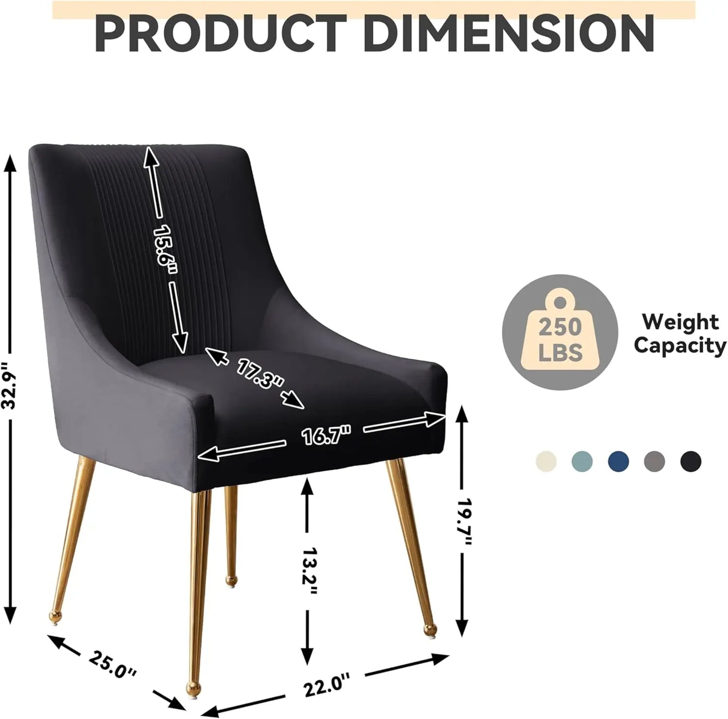 Modern Velvet Dining Chairs Set of 2 with Gold Legs, Tufted Black Upholstered Chairs for Living Room, Study, Reception