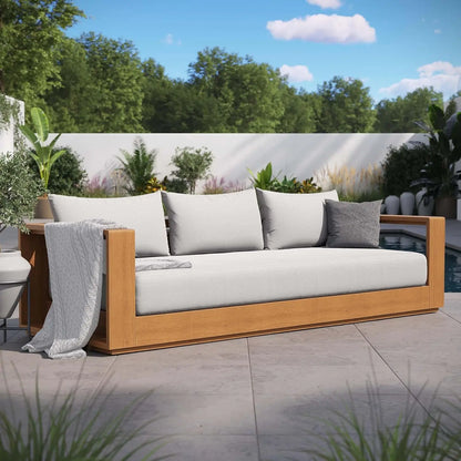 Tahoe Acacia Wood Outdoor Patio Sofa in Natural Light Gray Weather-Resistant Cushions-Ideal as a Porch Couch or Sunroom Sofa