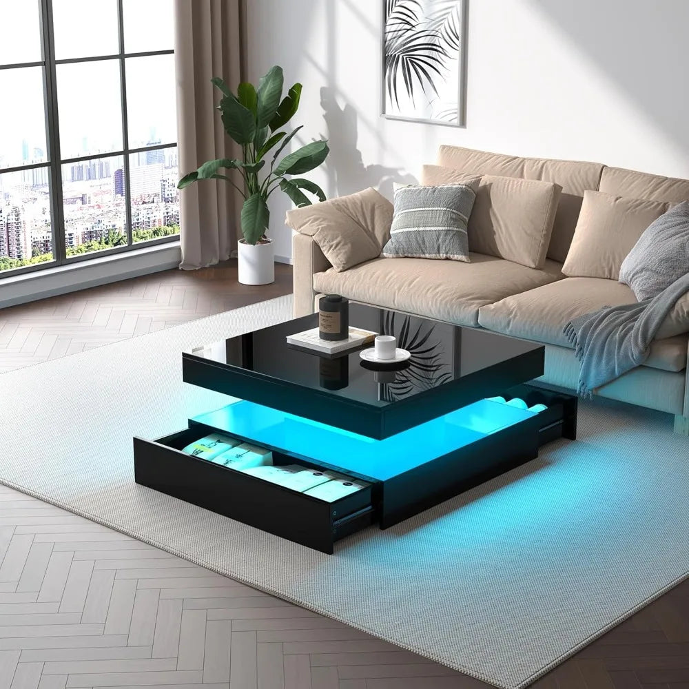 LED Coffee Table for Living Room with Storage - High Glossy Modern White Center Table with 2 Drawers, Square Wooden Middle Tabl