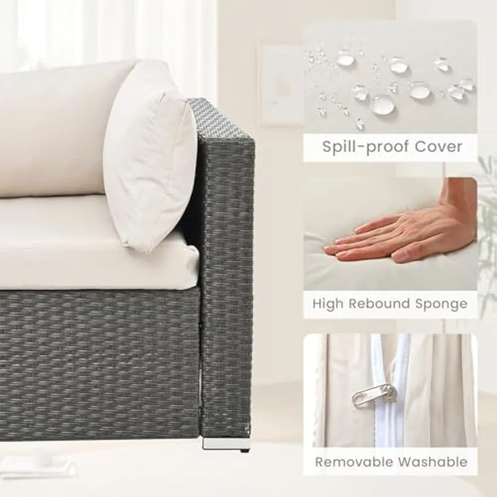 beige rattan wicker outdoor patio sectional set with coffee table and two pillows