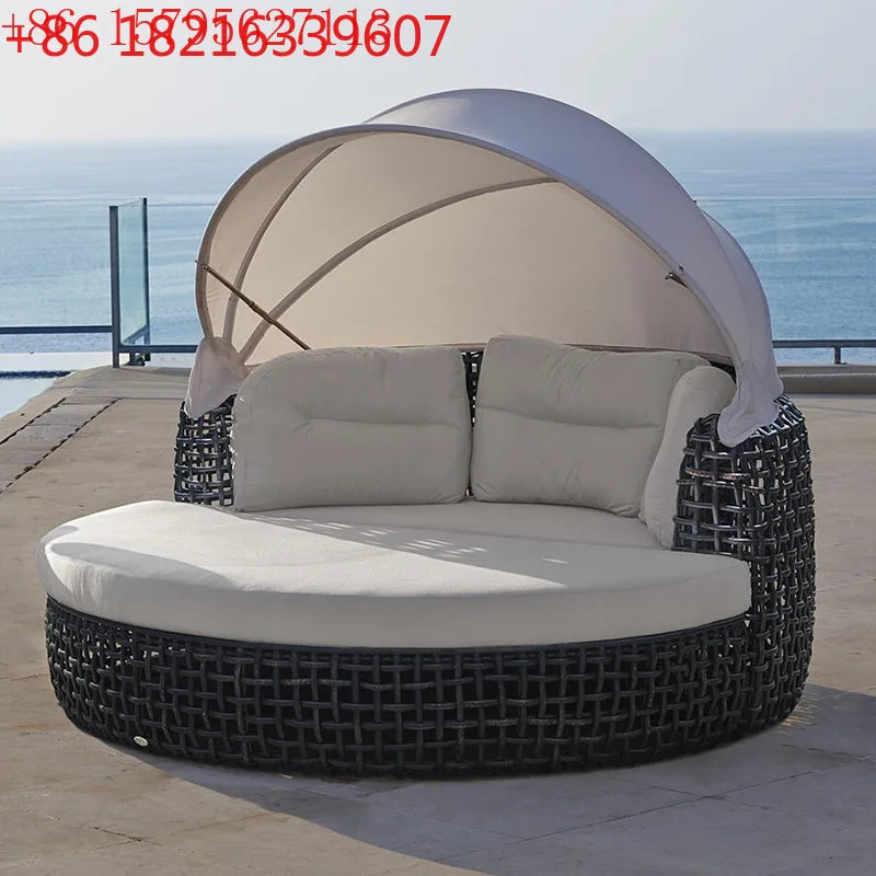Outdoor leisure rattan sofa queen bed rough rattan recliner round bed combination with canopy round rattan awning lying outside