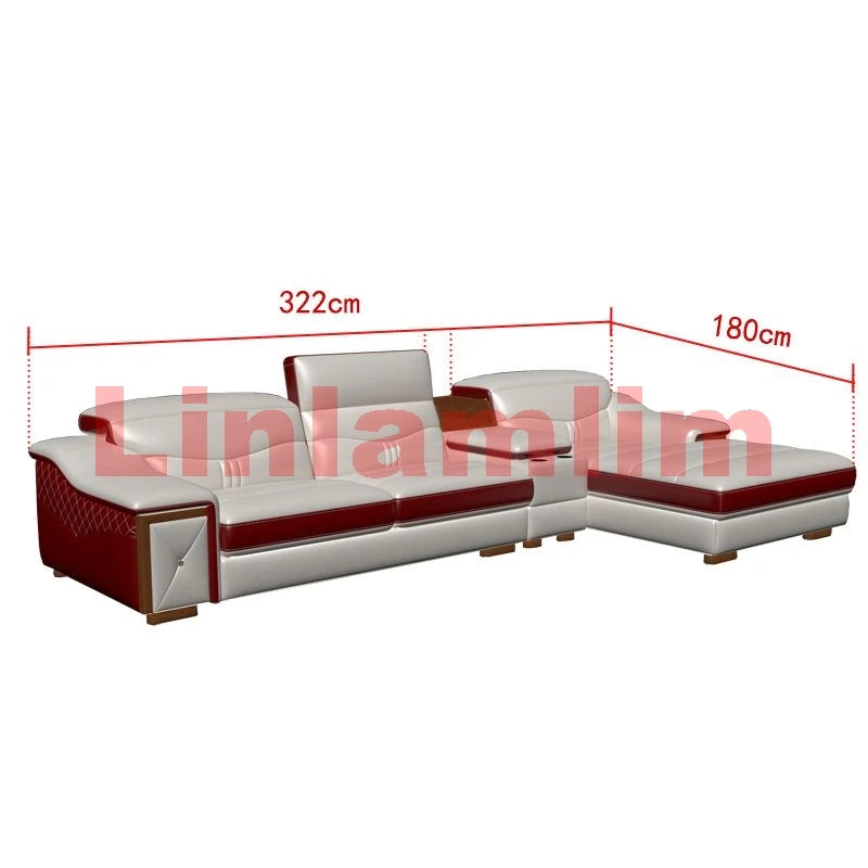 Luxury U-Shaped Genuine Leather Sofa Set with Recliner, Modern Sectional Couch with Storage and Cup Holders for Living Room