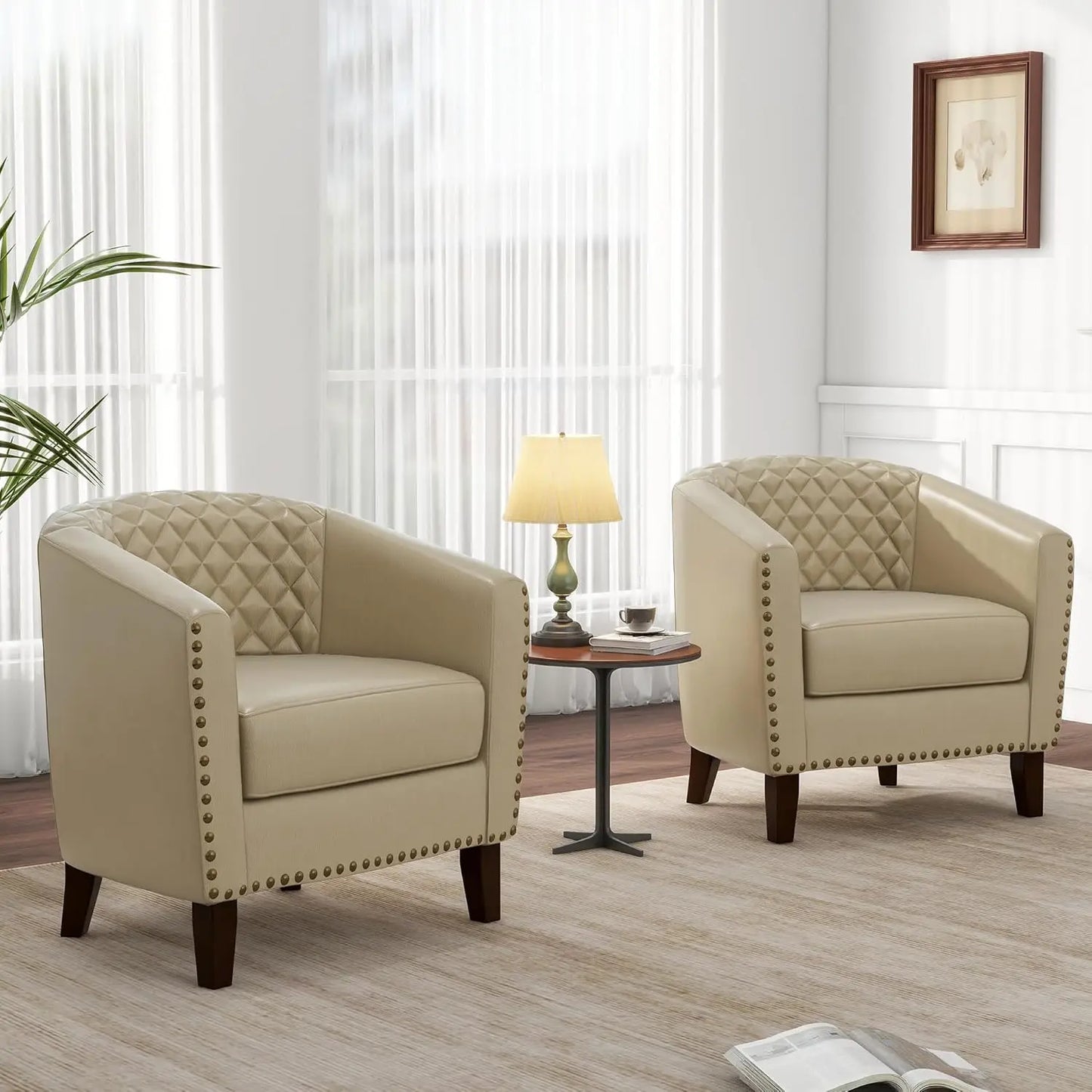 Faux Leather Barrel Accent Chairs Set of 4, Modern Club Arm Chair Comfy Upholstered Single Sofa Chair, Beige