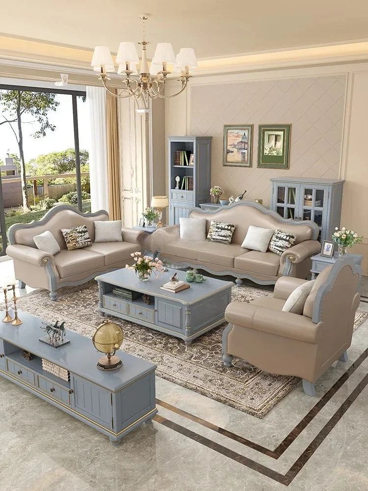 Solid wood leather sofa combination living room simple whole house furniture