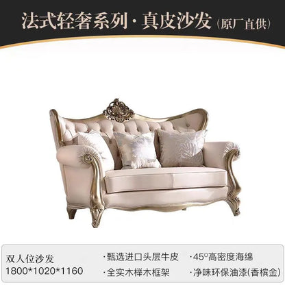 French cream wind solid wood leather living room sofa combination luxury villa sofa high-end luxury