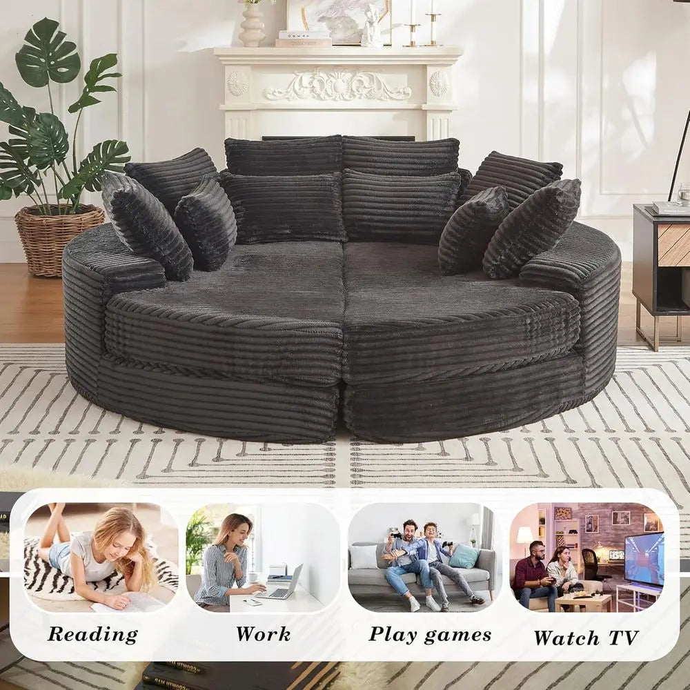 Oversized Corduroy Sofa with Recliners, 2-in-1 Bed, Lounge Chair, Neck Pillow, 5 Throw Pillows (Black)