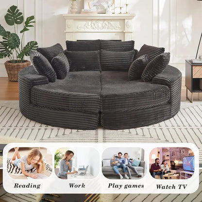 Oversized Corduroy Sofa with Recliners, 2-in-1 Bed, Lounge Chair, Neck Pillow, 5 Throw Pillows (Black)