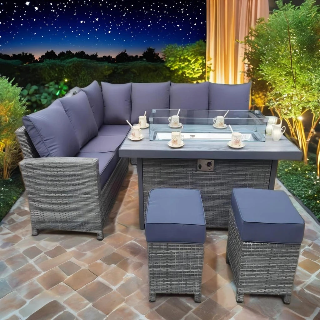 Outdoor Garden Gas Fire Pit Furniture Set Rattan Wicker Corner Dining Set With Big Fire Pit Burner Table In Europe For Grill