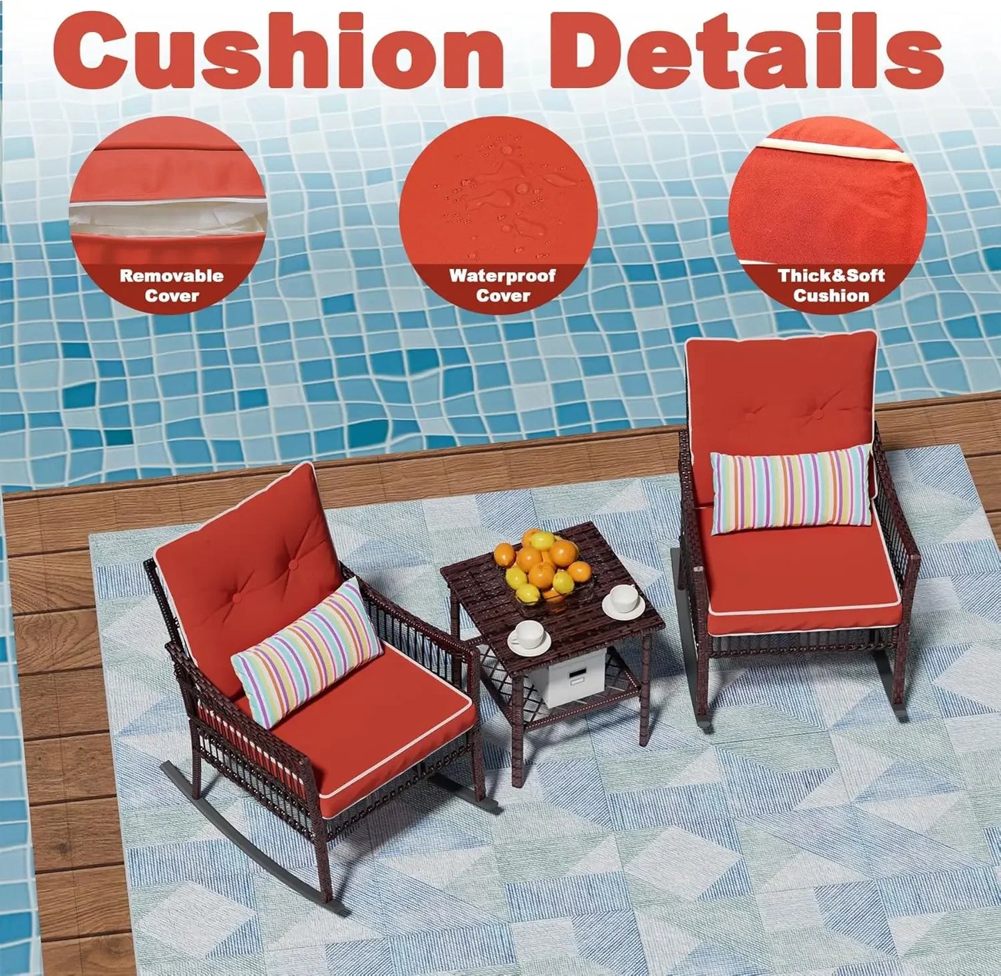 Curated Design Outdoor Rocking Chairs 3 Pieces Patio Conversation Front Porch Furniture, Wicker Rocking Chairs Bistro Set wit